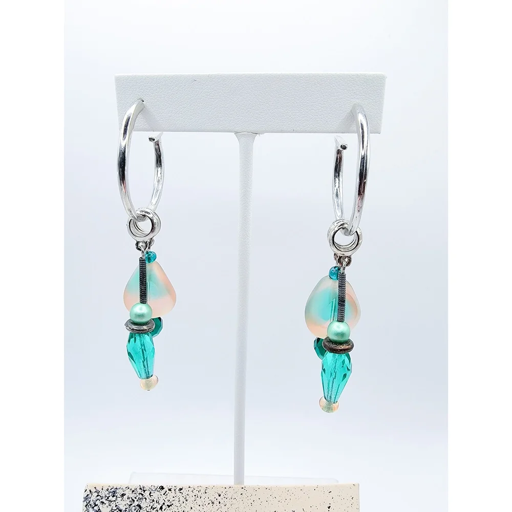 HMS Designs Czech Glass Beaded Hoop Dangle Earrings Vintage